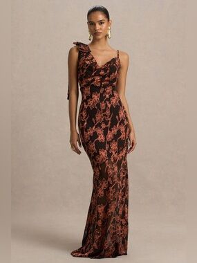 Club L London Black and Rust Cowl Neck Maxi Dress with Bow Detail